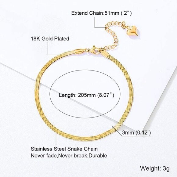 18k GP Herringbone/Snake Chain Anklet Bracelet - Picture 3 of 9